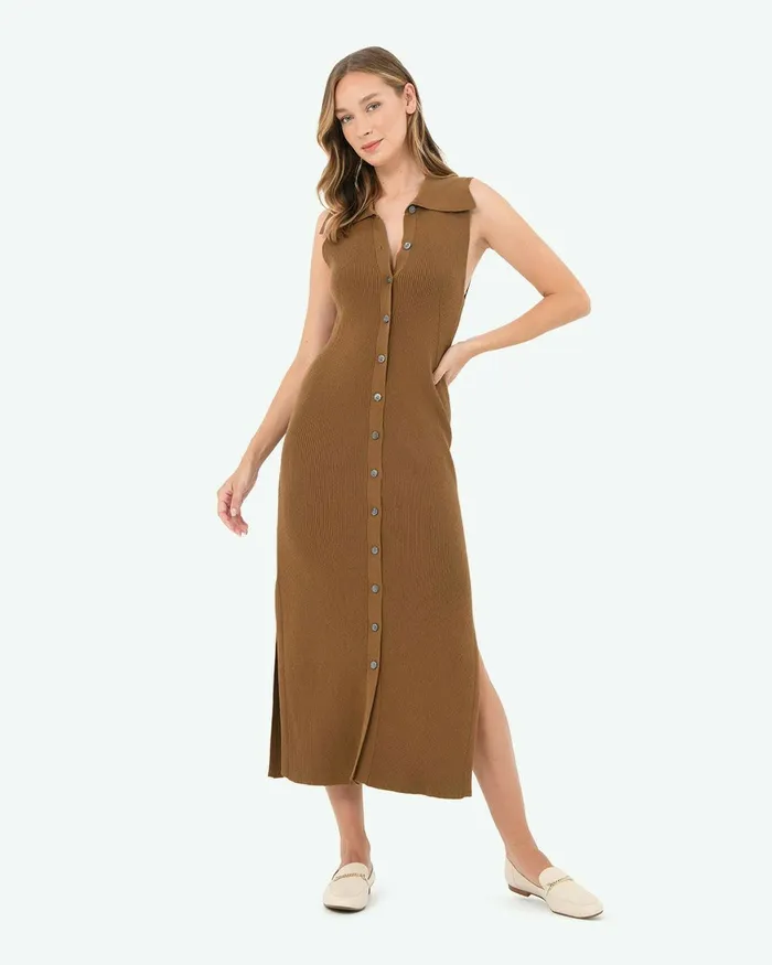 Forcast Kita Polo Collar Knit Dress Dark Camel Women Work Dresses