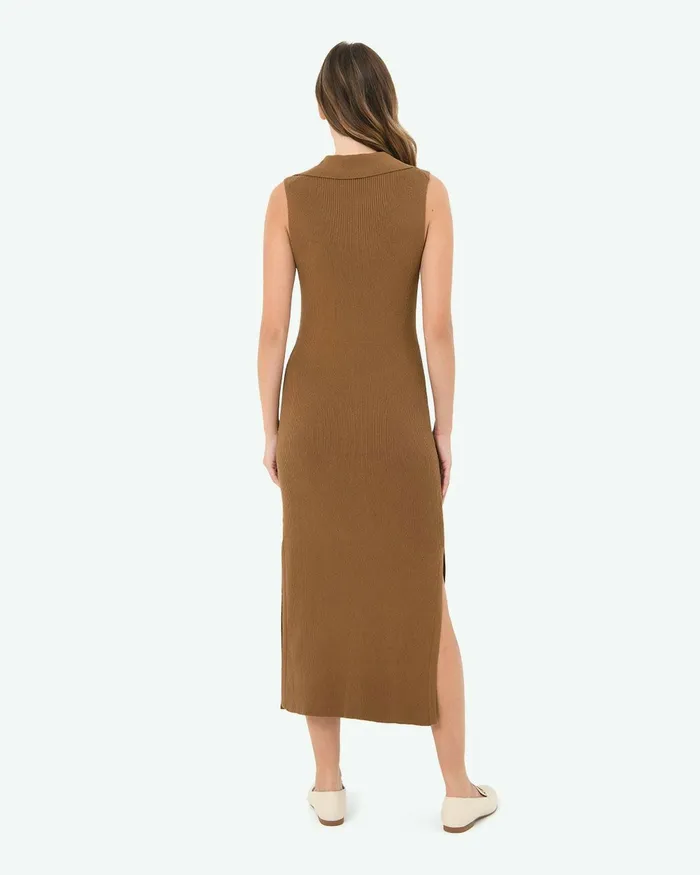 Forcast Kita Polo Collar Knit Dress Dark Camel Women Work Dresses