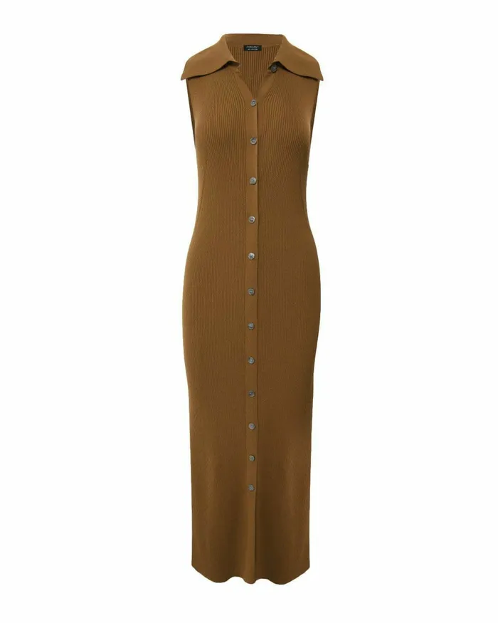 Forcast Kita Polo Collar Knit Dress Dark Camel Women Work Dresses