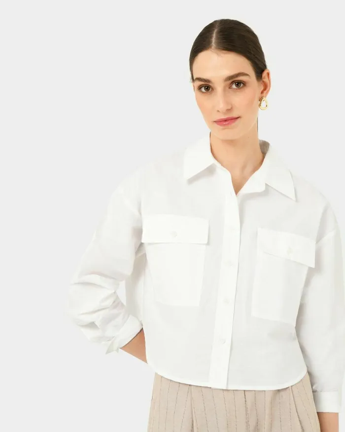 Forcast Kyla Crop Pocket Shirt Beigeivorylight Khaki Women Long Sleeve Tops