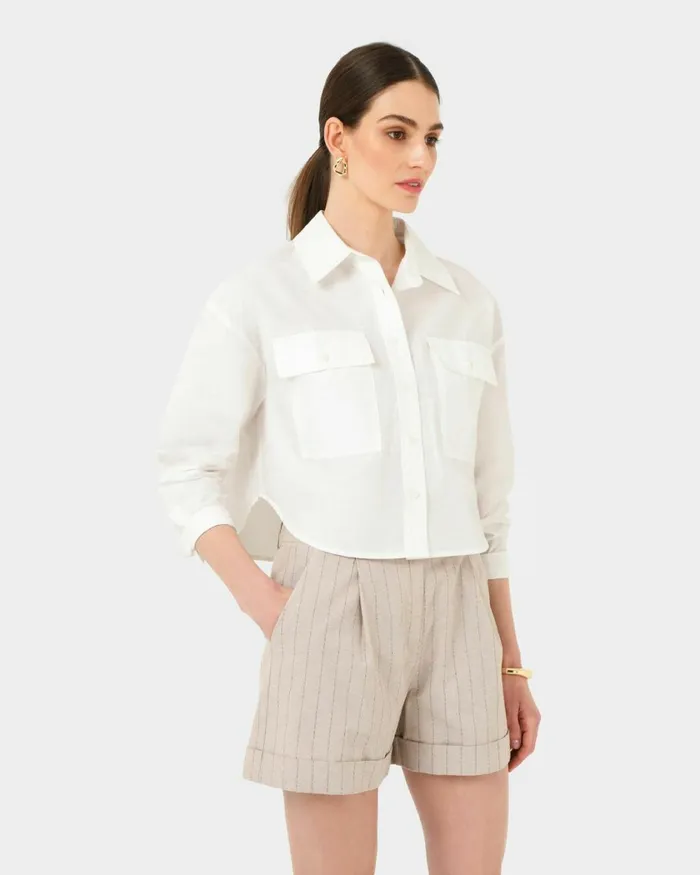Forcast Kyla Crop Pocket Shirt Beigeivorylight Khaki Women Long Sleeve Tops