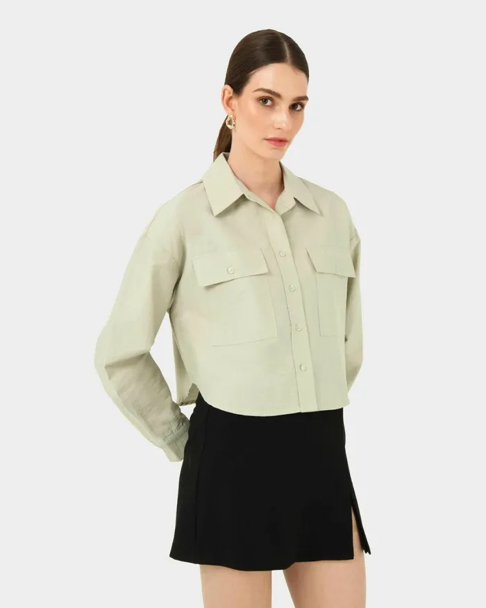 Forcast Kyla Crop Pocket Shirt Beigeivorylight Khaki Women Long Sleeve Tops