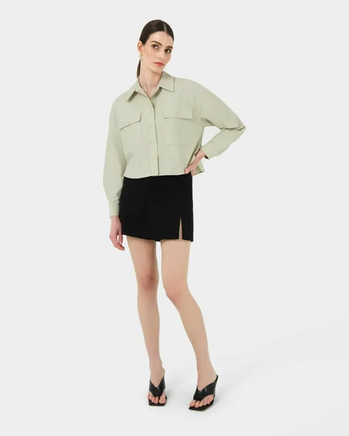 Forcast Kyla Crop Pocket Shirt Beigeivorylight Khaki Women Long Sleeve Tops