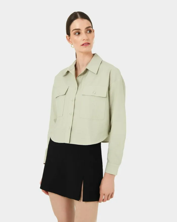 Forcast Kyla Crop Pocket Shirt Beigeivorylight Khaki Women Long Sleeve Tops