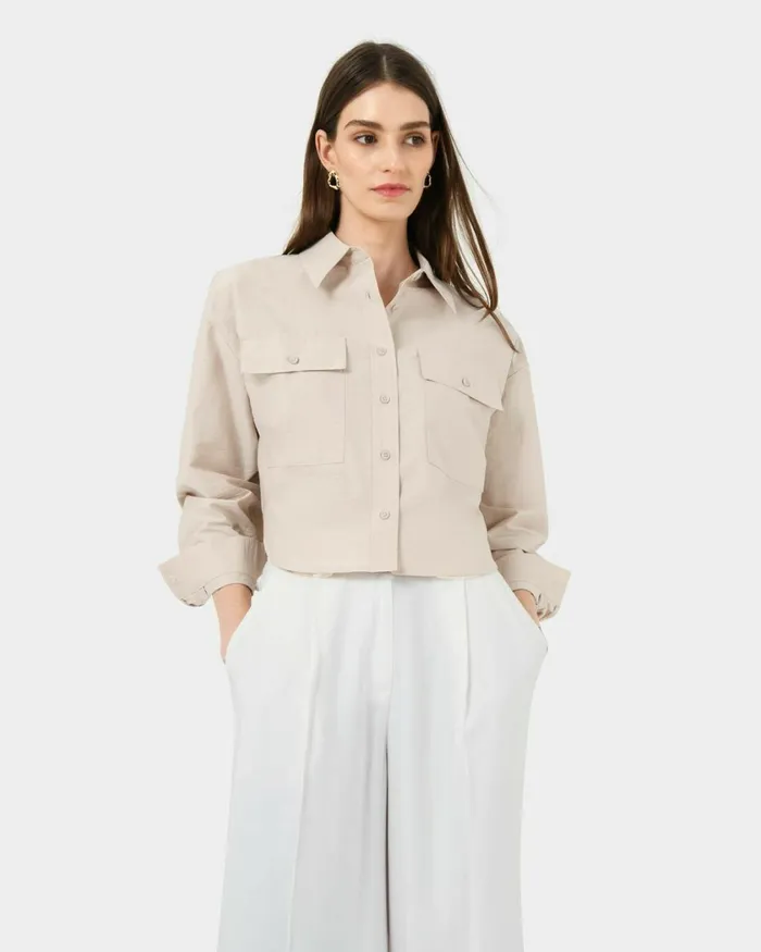 Forcast Kyla Crop Pocket Shirt Beigeivorylight Khaki Women Long Sleeve Tops