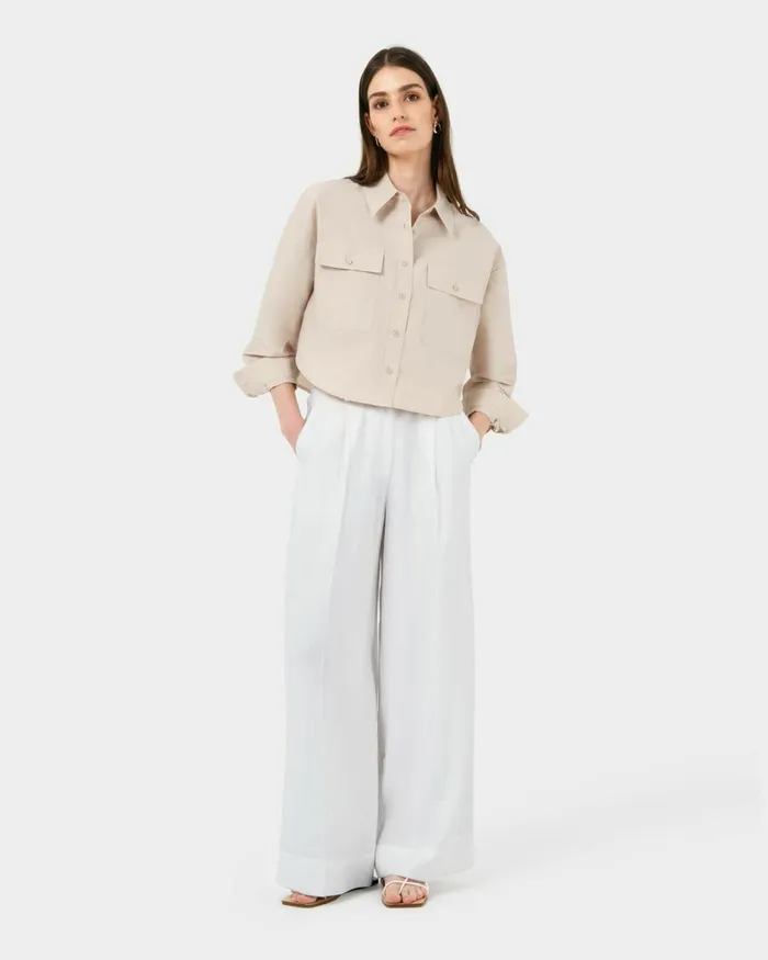 Forcast Kyla Crop Pocket Shirt Beigeivorylight Khaki Women Long Sleeve Tops