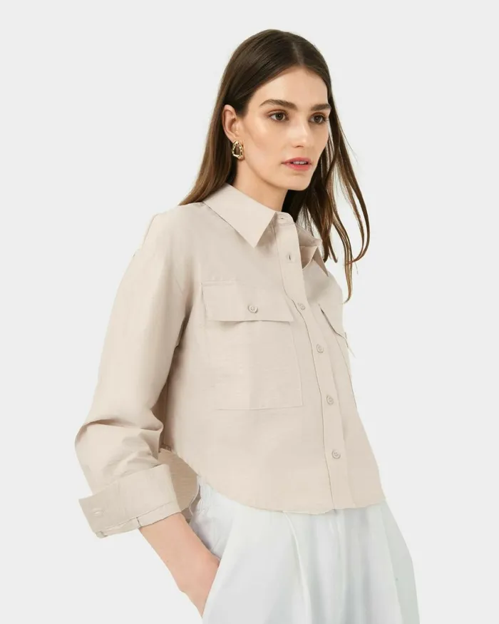 Forcast Kyla Crop Pocket Shirt Beigeivorylight Khaki Women Long Sleeve Tops