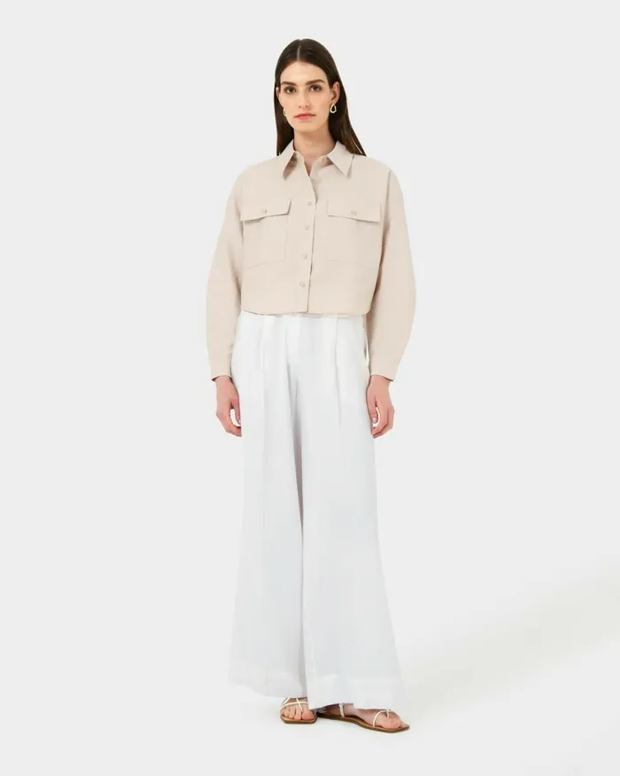 Forcast Kyla Crop Pocket Shirt Beigeivorylight Khaki Women Long Sleeve Tops