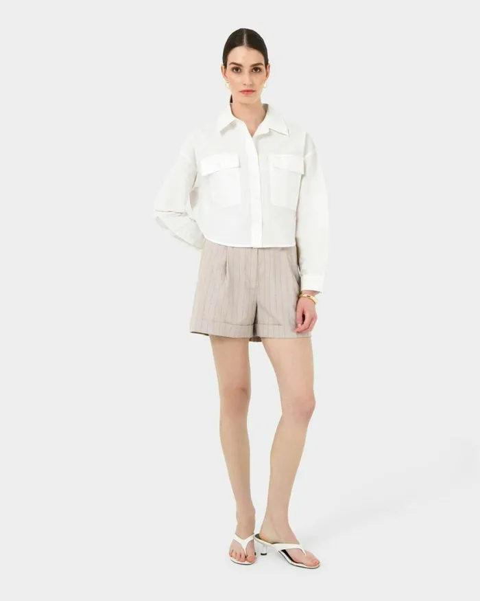 Forcast Kyla Crop Pocket Shirt Beigeivorylight Khaki Women Long Sleeve Tops