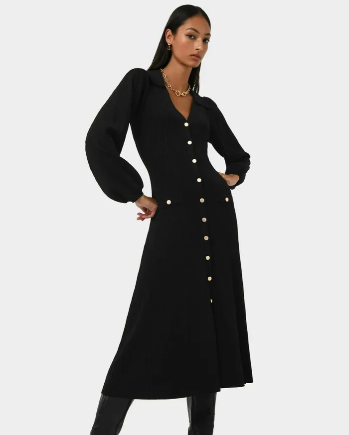 Forcast Lara Collar Midi Knit Dress Black Women Midi Dresses