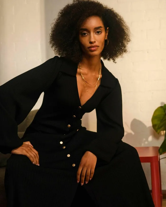 Forcast Lara Collar Midi Knit Dress Black Women Midi Dresses
