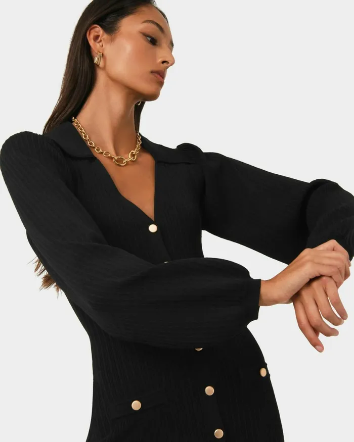 Forcast Lara Collar Midi Knit Dress Black Women Midi Dresses