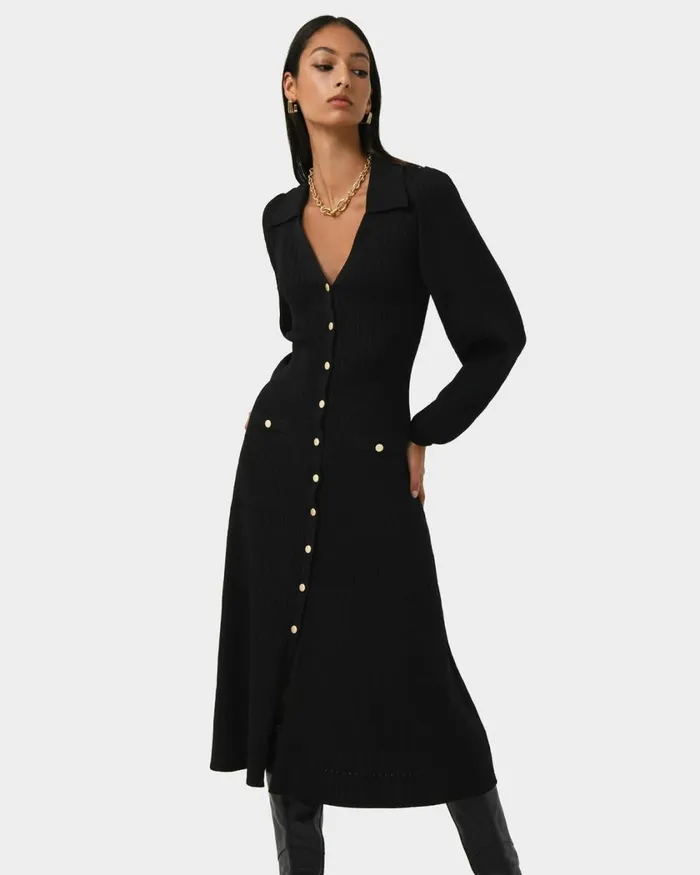 Forcast Lara Collar Midi Knit Dress Black Women Midi Dresses