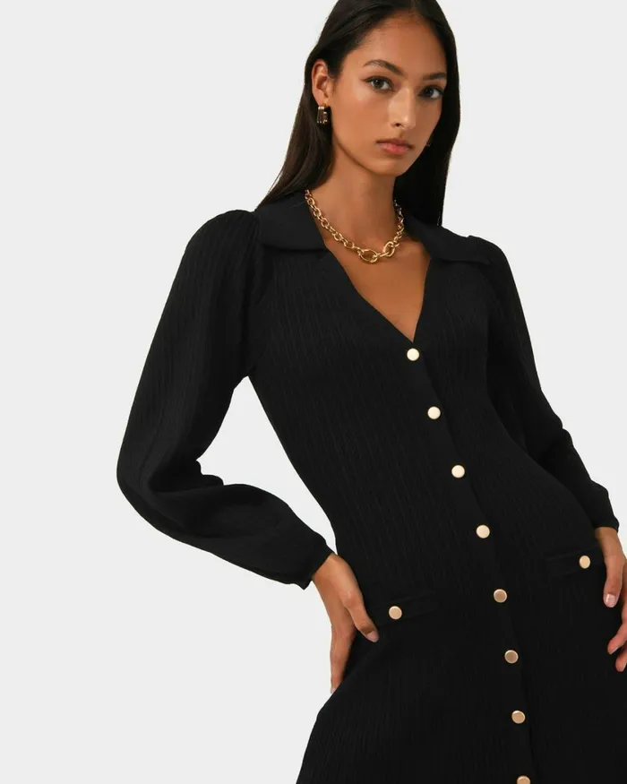 Forcast Lara Collar Midi Knit Dress Black Women Midi Dresses
