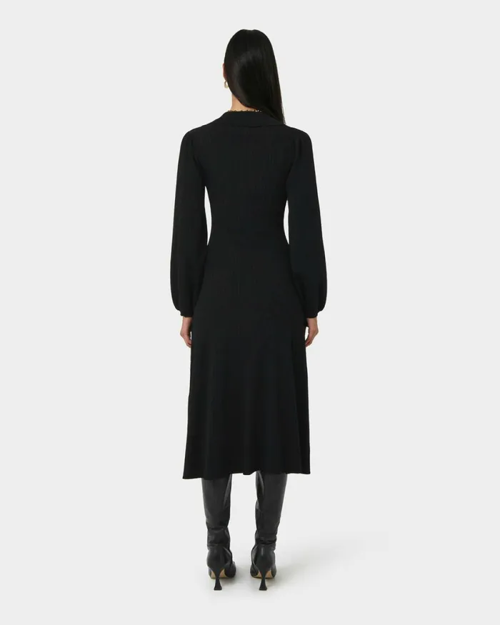 Forcast Lara Collar Midi Knit Dress Black Women Midi Dresses