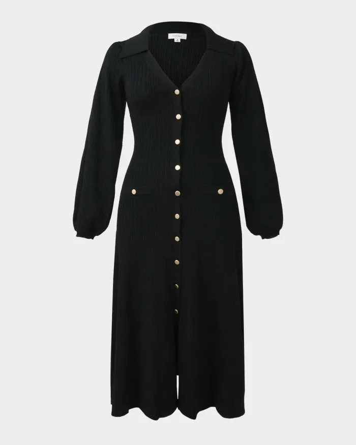 Forcast Lara Collar Midi Knit Dress Black Women Midi Dresses