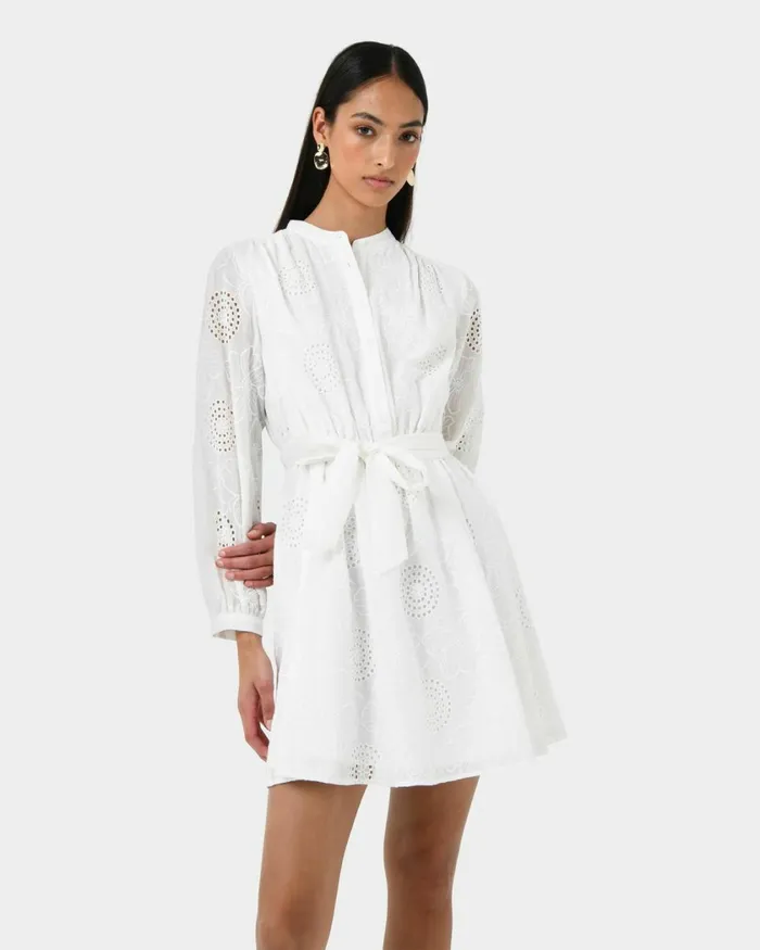 Forcast Lea Cotton Tie Dress Golden Hazeivoryblack Women Mini Dresses