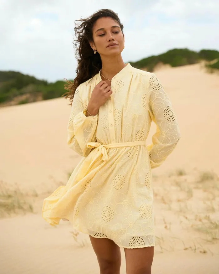 Forcast Lea Cotton Tie Dress Golden Hazeivoryblack Women Mini Dresses