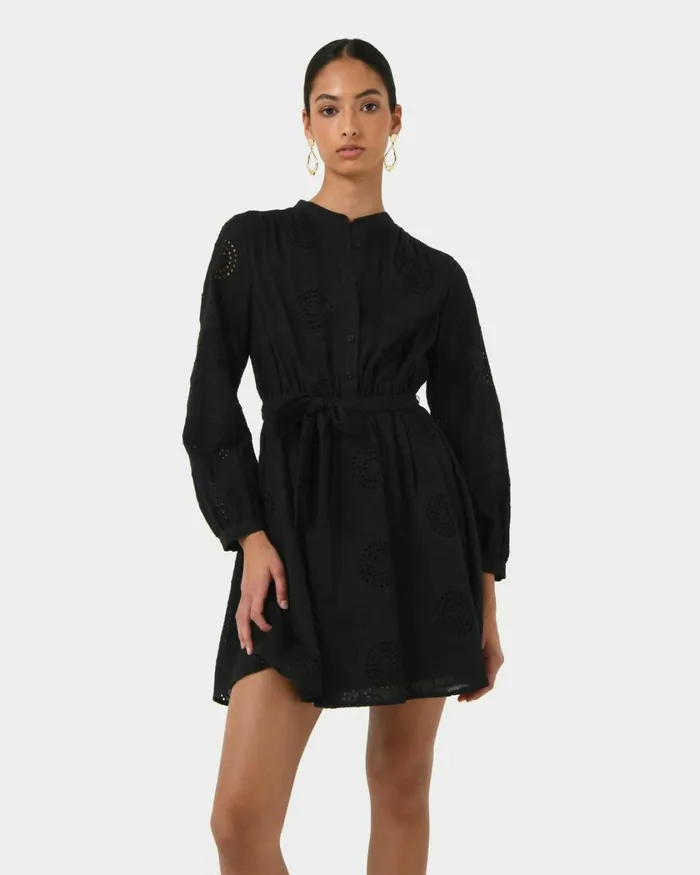 Forcast Lea Cotton Tie Dress Golden Hazeivoryblack Women Mini Dresses
