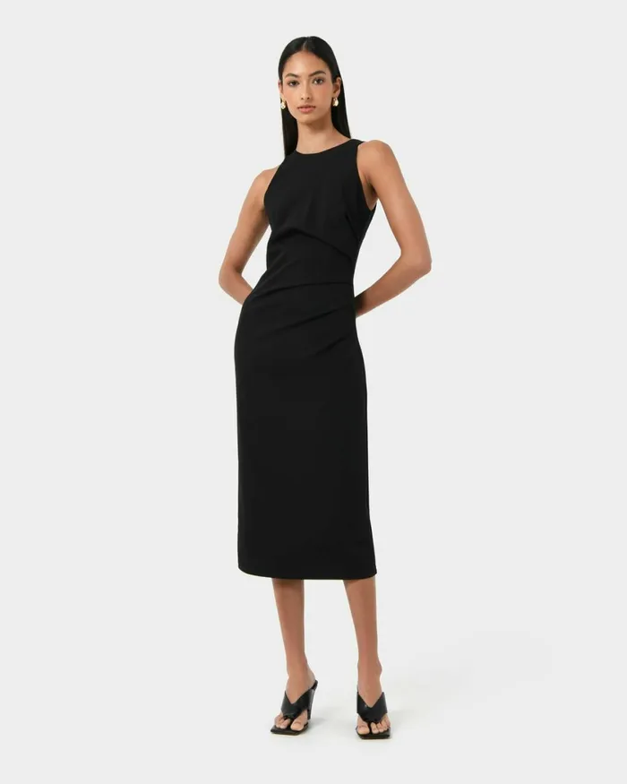 Forcast Leah Side Ruched Midi Dress Monaco Blueblack Women Midi Dresses