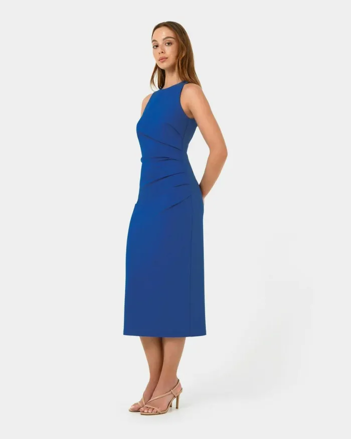 Forcast Leah Side Ruched Midi Dress Monaco Blueblack Women Midi Dresses