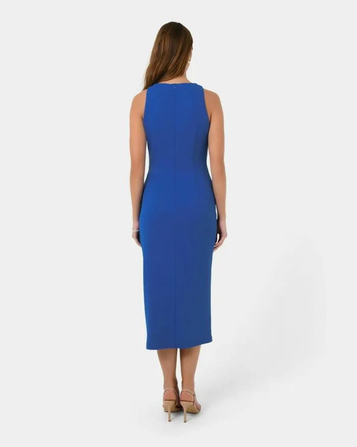 Forcast Leah Side Ruched Midi Dress Monaco Blueblack Women Midi Dresses