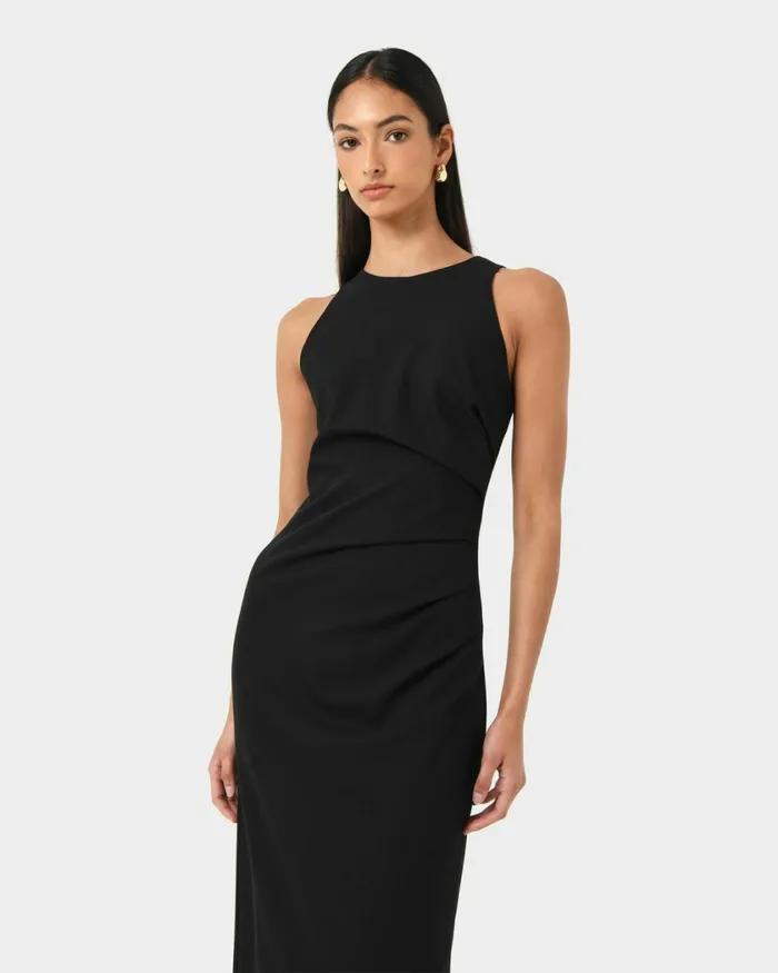 Forcast Leah Side Ruched Midi Dress Monaco Blueblack Women Midi Dresses