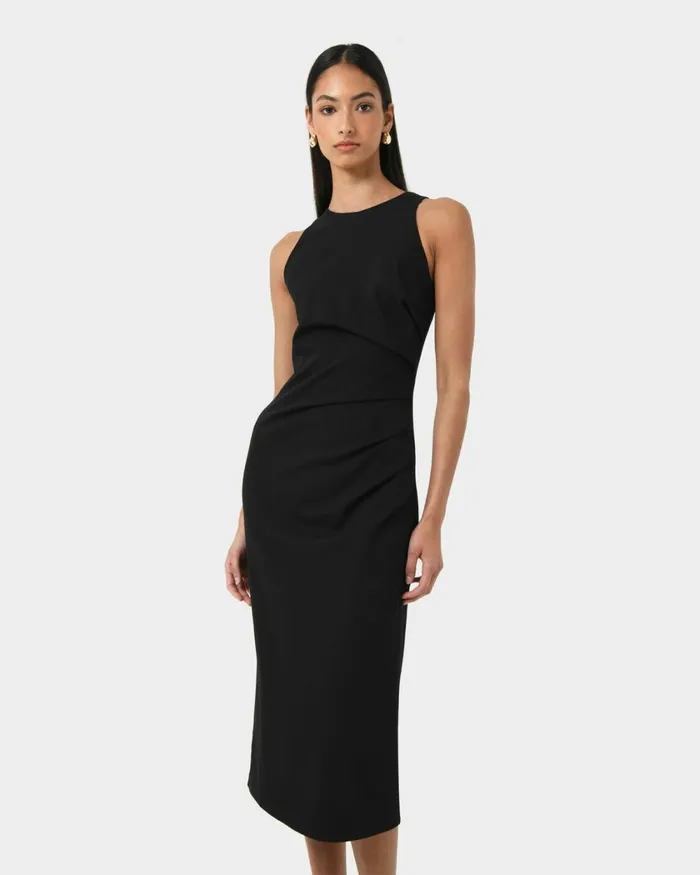Forcast Leah Side Ruched Midi Dress Monaco Blueblack Women Midi Dresses