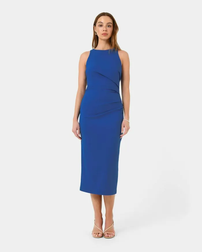Forcast Leah Side Ruched Midi Dress Monaco Blueblack Women Midi Dresses