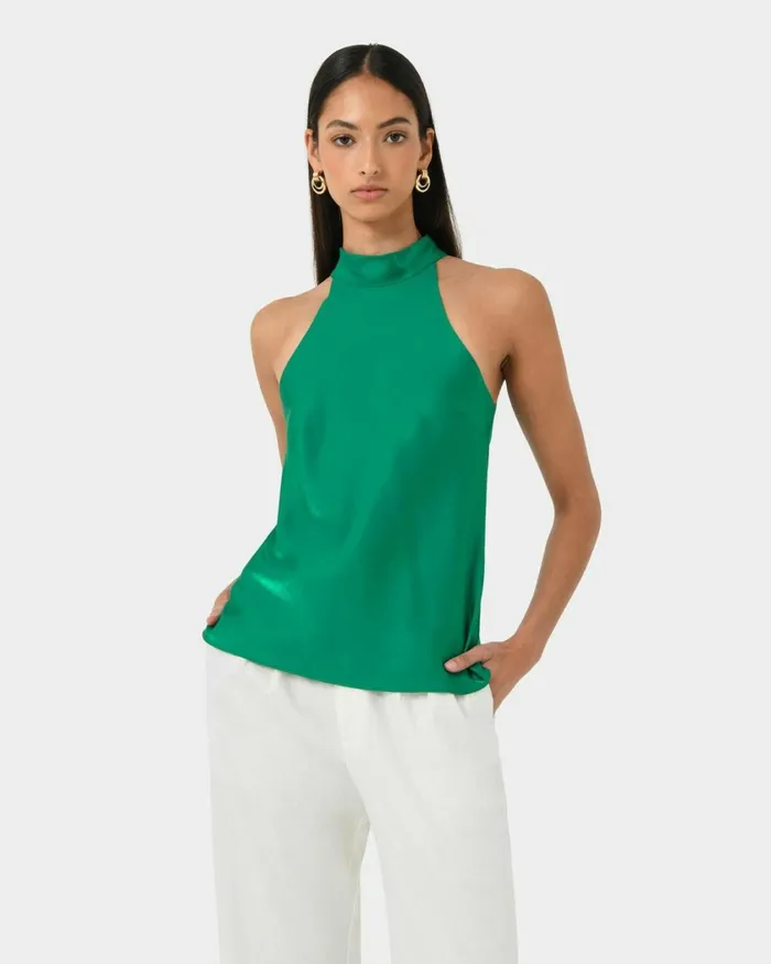 Forcast Leana Satin Bias Tie Top Emerald Women TShirts and Tops