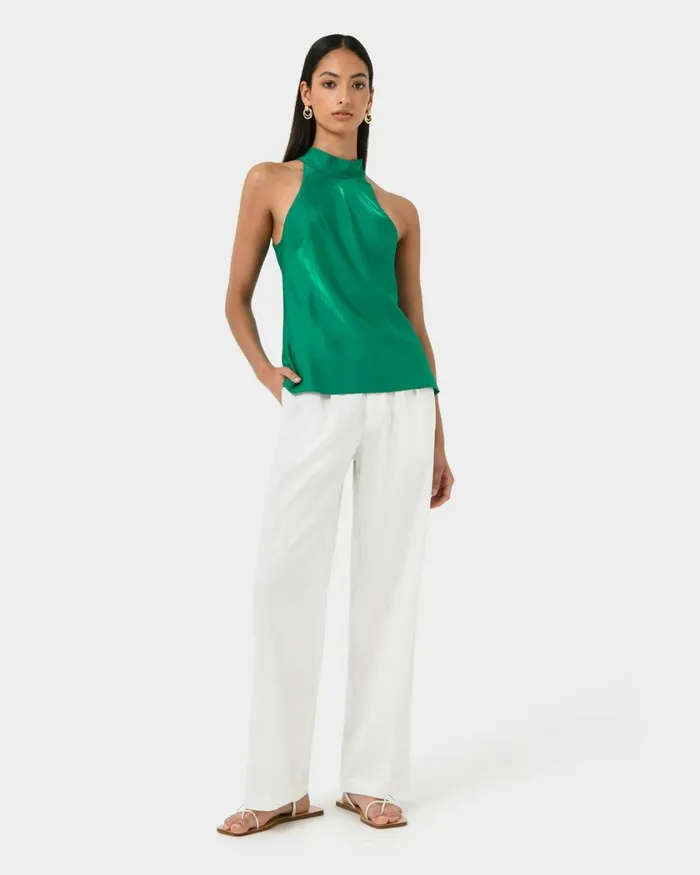 Forcast Leana Satin Bias Tie Top Emerald Women TShirts and Tops