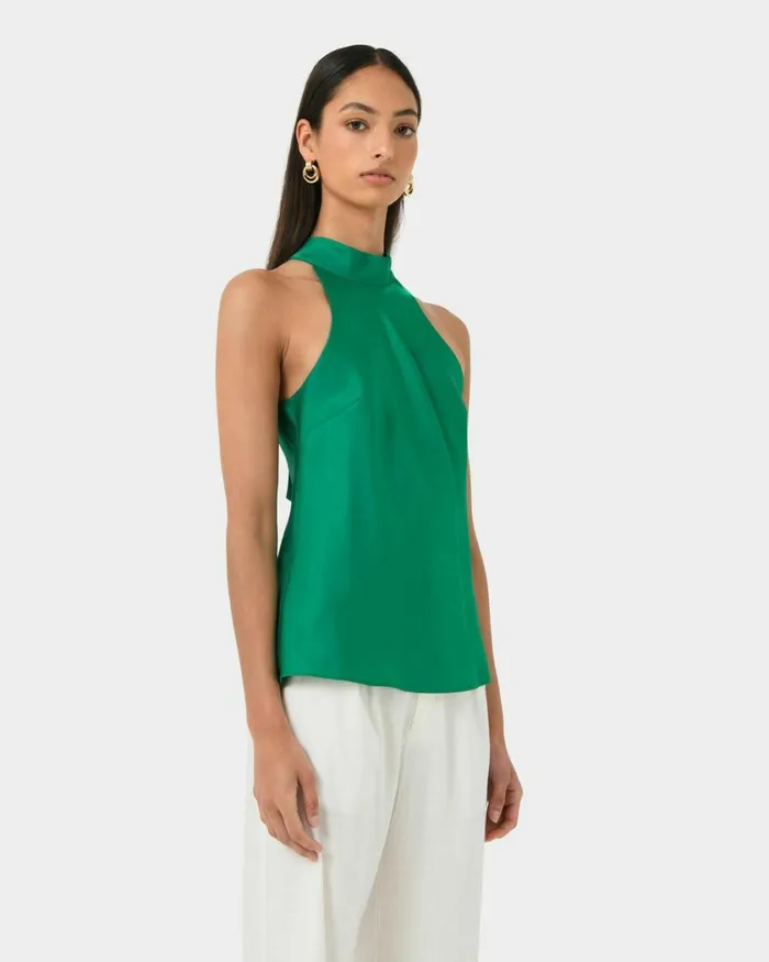 Forcast Leana Satin Bias Tie Top Emerald Women TShirts and Tops