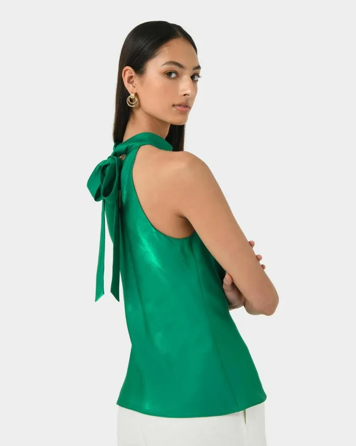Forcast Leana Satin Bias Tie Top Emerald Women TShirts and Tops
