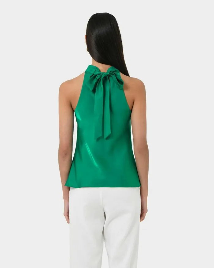 Forcast Leana Satin Bias Tie Top Emerald Women TShirts and Tops