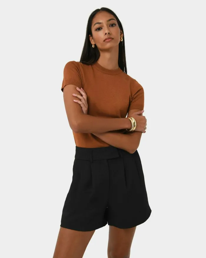 Forcast Lexee Pleat Front Short Tobaccoivoryblack Women HighWaisted Pants