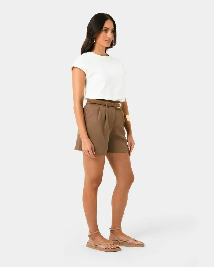 Forcast Lexee Pleat Front Short Tobaccoivoryblack Women HighWaisted Pants