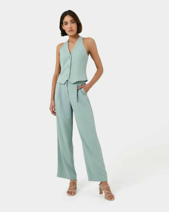 Forcast Lexee Tailored Wide Leg Pants Sage Women HighWaisted Pants