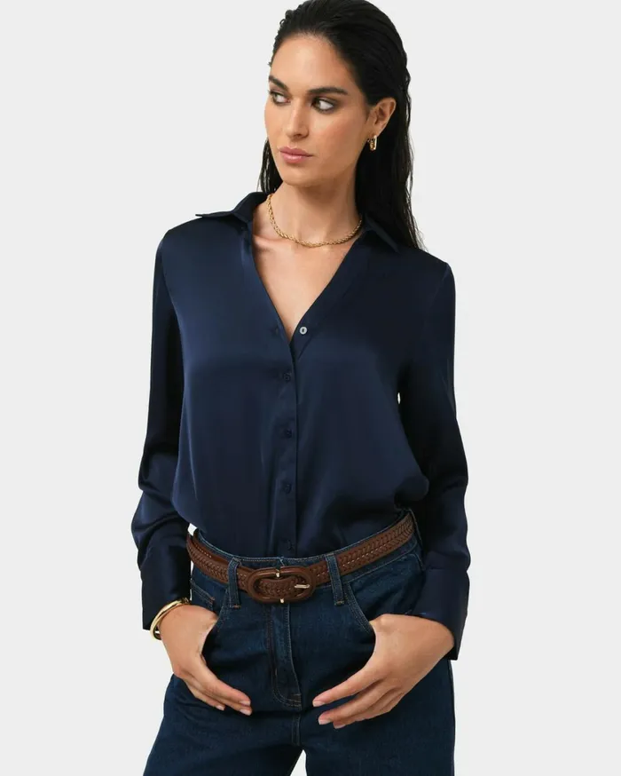 Forcast Lila Vneck Satin Blouse Sandmidnightblack Women Long Sleeve Tops