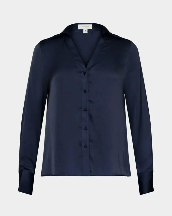 Forcast Lila Vneck Satin Blouse Sandmidnightblack Women Long Sleeve Tops