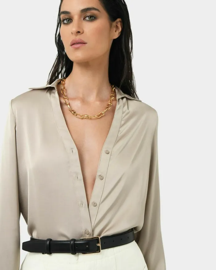 Forcast Lila Vneck Satin Blouse Sandmidnightblack Women Long Sleeve Tops