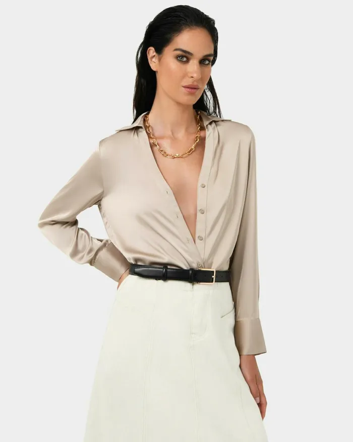 Forcast Lila Vneck Satin Blouse Sandmidnightblack Women Long Sleeve Tops