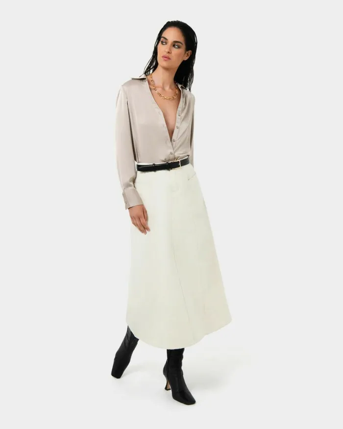 Forcast Lila Vneck Satin Blouse Sandmidnightblack Women Long Sleeve Tops