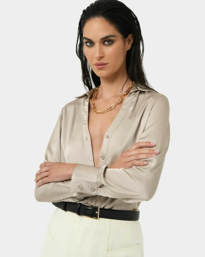 Forcast Lila Vneck Satin Blouse Sandmidnightblack Women Long Sleeve Tops