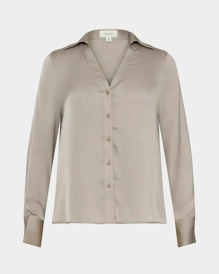 Forcast Lila Vneck Satin Blouse Sandmidnightblack Women Long Sleeve Tops