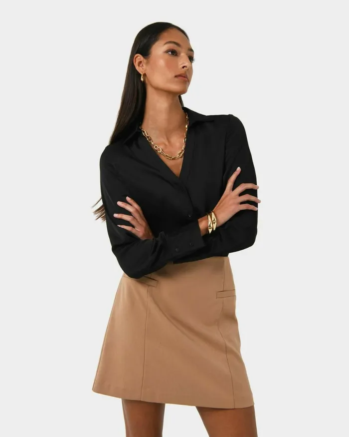 Forcast Lila Vneck Satin Blouse Sandmidnightblack Women Long Sleeve Tops