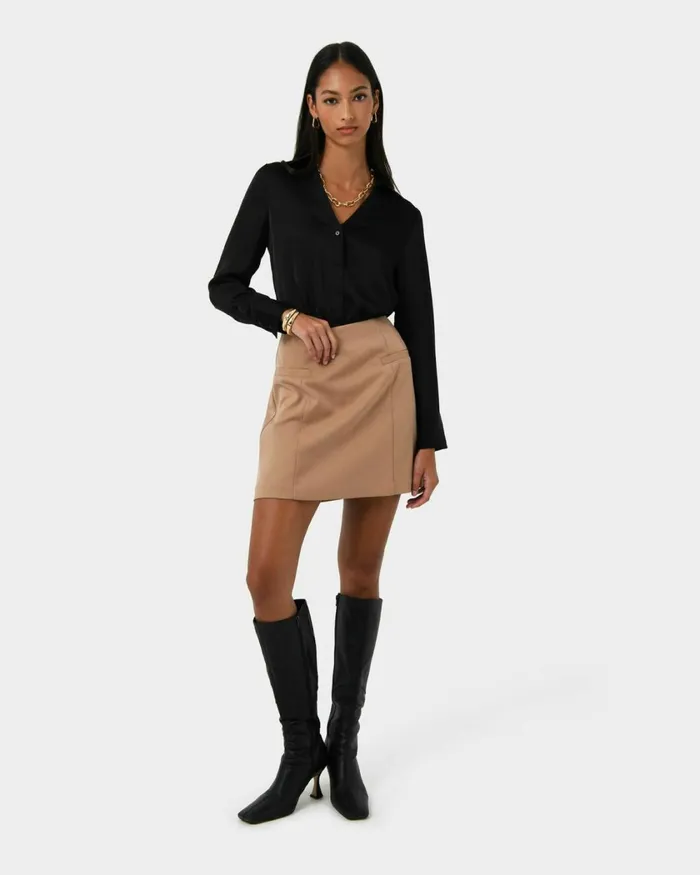 Forcast Lila Vneck Satin Blouse Sandmidnightblack Women Long Sleeve Tops