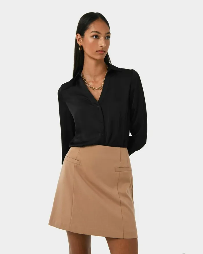 Forcast Lila Vneck Satin Blouse Sandmidnightblack Women Long Sleeve Tops