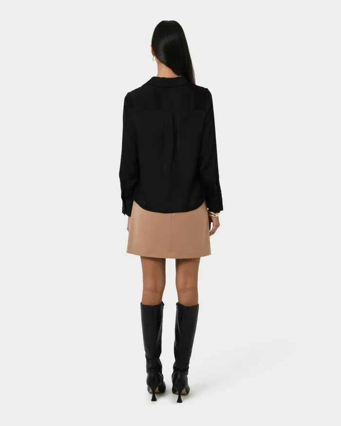 Forcast Lila Vneck Satin Blouse Sandmidnightblack Women Long Sleeve Tops
