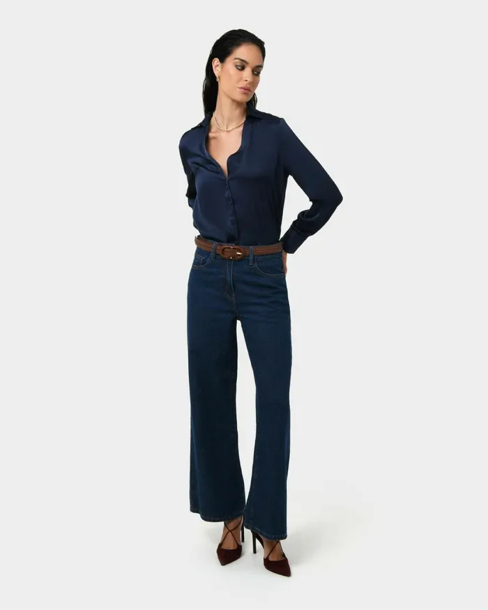 Forcast Lila Vneck Satin Blouse Sandmidnightblack Women Long Sleeve Tops