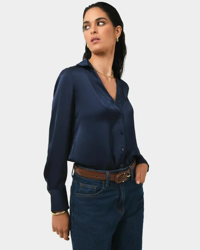 Forcast Lila Vneck Satin Blouse Sandmidnightblack Women Long Sleeve Tops